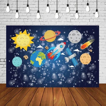 

Boy Birthday Party Backdrop Kids Spaceman Astronaut Themed Background Rockets Universe Space Galaxy Wall Table Decoration Banner