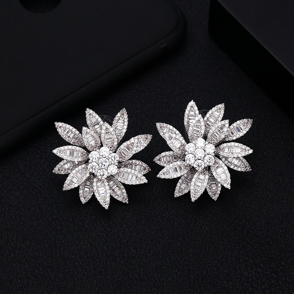 Модные Роскошные серьги-гвоздики с цветами, Открытое кольцо для женщин, свадебные серьги с кубическим цирконием и кристаллами, Африка Дубай, золотые свадебные серьги