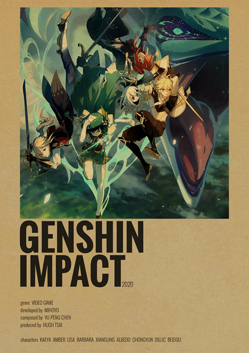 Genshin Impact Anime Posters Kraft Paper Prints Home Room Decor Study Bedroom Bar Cafe Wall Paintings Cartoon Wall Stickers