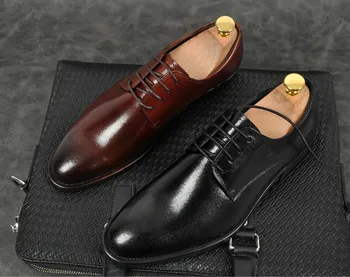 

office wine Men's black party handmade shoes fashion round toe lace-up dress shoes Genuine leather falt oxford
