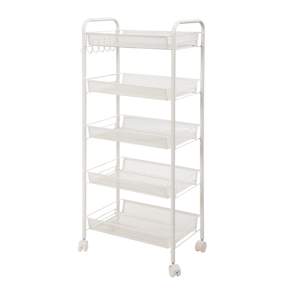 

Storage Shelf Exquisite Honeycomb Net Five Tiers Storage Cart with Hook Ivory White