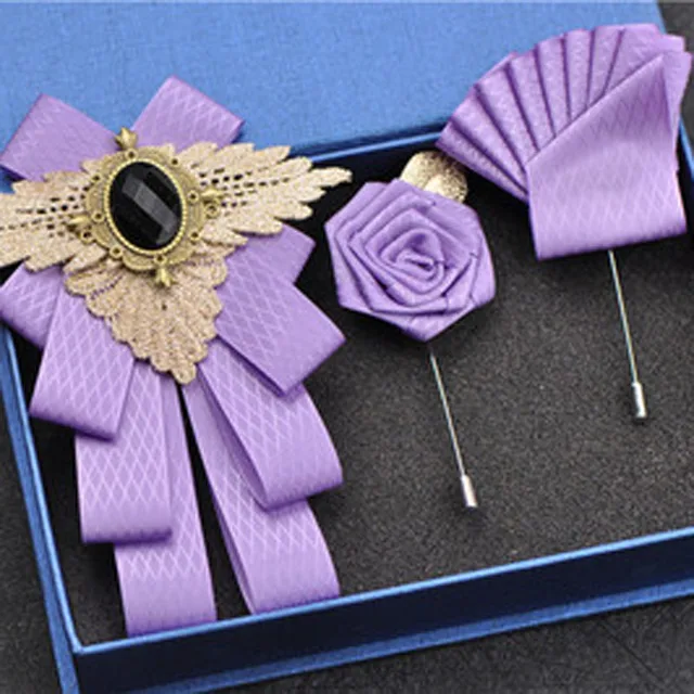 British New Fashion Men's Wedding Performance Groom Wedding-Party Flower Collar Bow Tie Pocket Towel Square Set Men Accessories Purple set 1