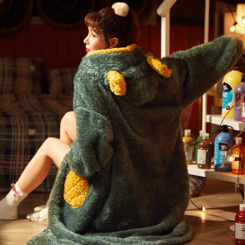 

Winter Pajamas Women Sleepwear Hooded Robe Plus Size Cardigan Pyjamas Coral Velvet Pajamas Peluche Night-Gown Fashion Home Wear