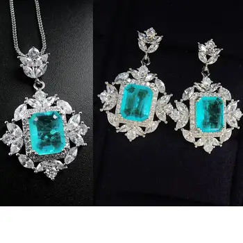 

Lake blue Paraiba Tourmaline Emerald Gemstone Jewelry Set for Women Silver 925 color stud Earrings Necklaces for Wedding Gifts