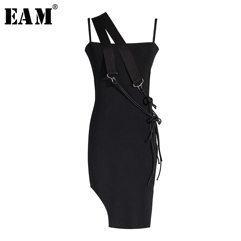 [EAM] Women Black Irregular Hollow Out Ribbon Spaghetti Strap Dress New Sleeveless Loose Fit Fashion Spring Summer 2020 1W911