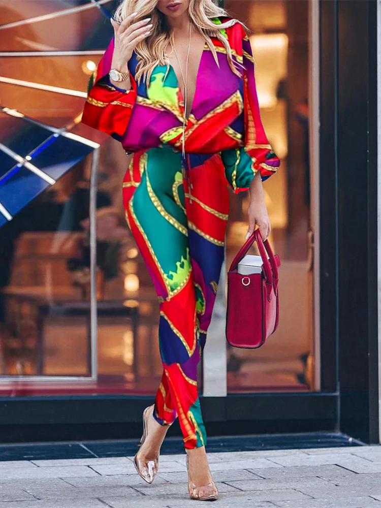 

2019 Autumn Women Elegant Leisure Vintage Jumpsuit Female Deep V Neck Vacation Holiday Colorblock Print Plunge Casual Jumpsuit