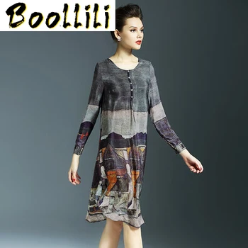 

Boollili 100% Real Silk Dresses Women 2020 Summer New Style Upscale Casual Vintage Print Dress Loose Long Sleeve Ladies Dresses