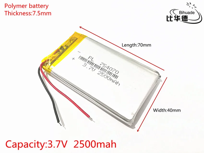 10 pçs lote 3.7v 2500mah 754070 li-po