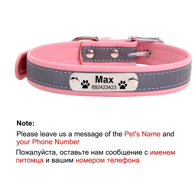 Pink Именной ошейник для собаки светоотражающий настроенный PU кожаный воротник Перро Выгравированный антипотеряшка для собак Выгравированный продукт для домашних животных - Цвет: Pink