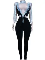 Sexy Perspective Deep V Crystal Velvet Jumpsuit Women Rhinestone Tassel Party Rompers Stretch Nightclub Bodysuit Show Stage Wea