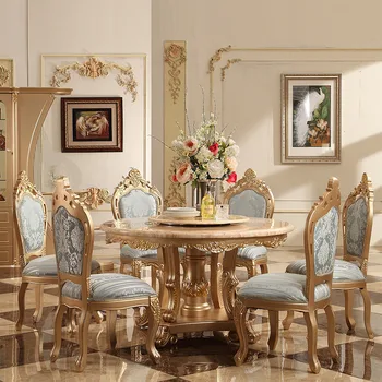 

European-style round marble table luxury sub-combination dining table full wood carvings with rotary table