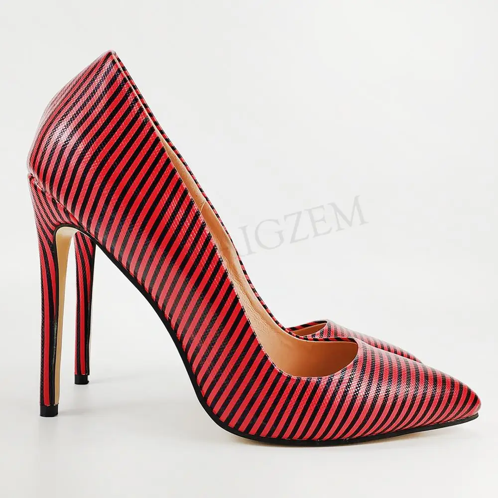 LAIGZEM/женские туфли-лодочки на каблуке в полоску вечерние туфли без застежки на каблуке в стиле зебры; модель года Женские туфли; Tacones zapatos mujer; большие размеры 45, 46, 47 - Цвет: LGZ1023  Red2