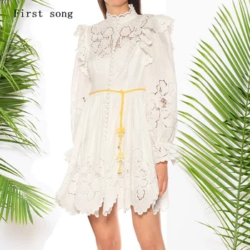 

Big brand heavy craft embroidery hollow women's lace sexy pleated dress 2020New women's wear autumn irregular long-sleeved dress