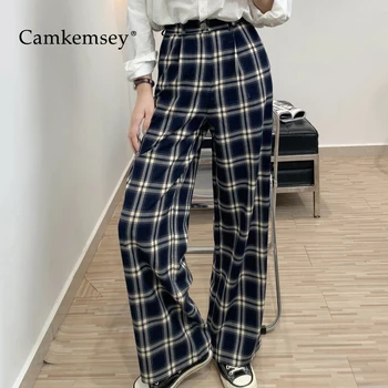 

CamKemsey Retro Plaid Harajuku Oversize Wide Leg Pants Women Autumn High Waist Loose Plaid Straight Pants Mop Long Trousers