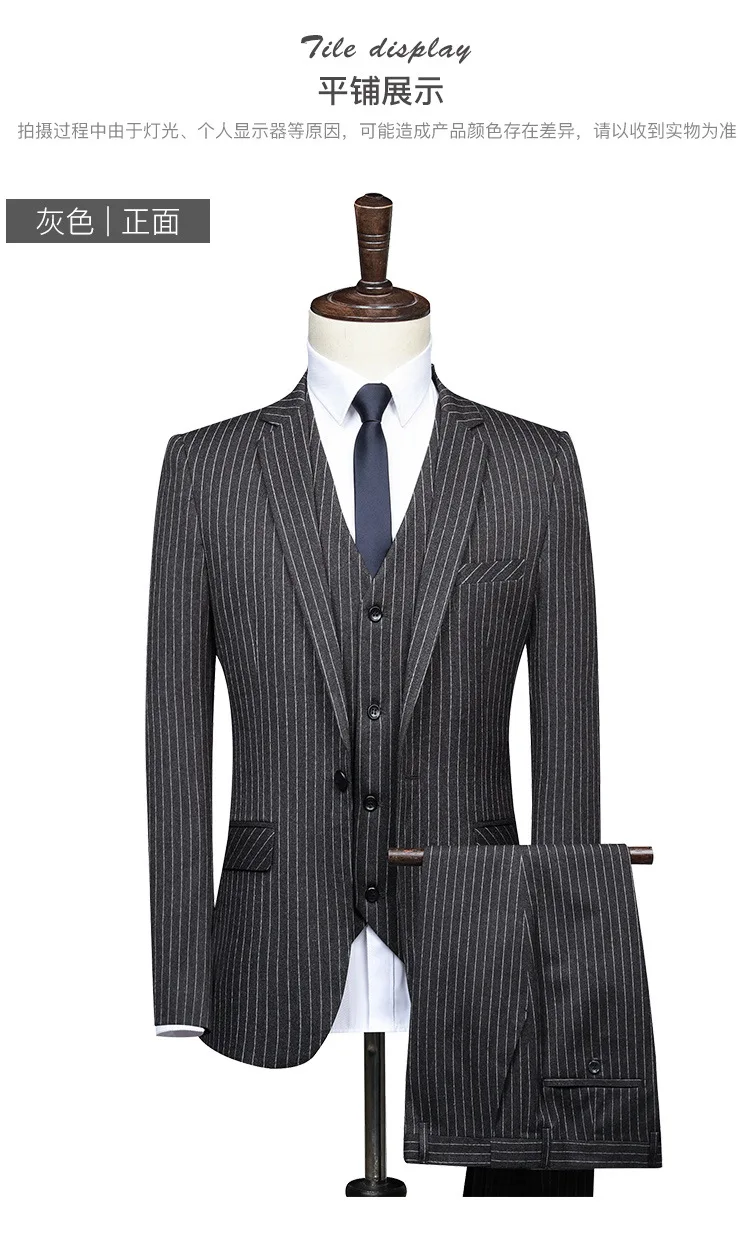 Lansboter Boutique Grey Stripe Set Suit Men Slit Business Suit Slim Fit Formal Wear Business Wedding Case West