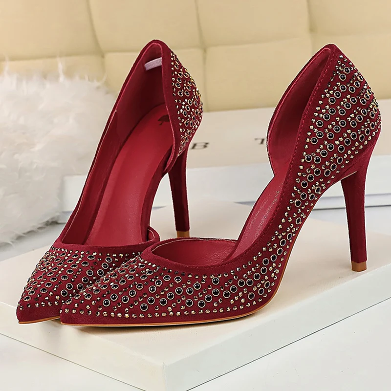 

2020 Women Crystal Glitter 9.5cm High Heels Burgundy Bling Pumps Lady Scarpins Stiletto Sexy Wedding Bridal Quality Gray Shoes