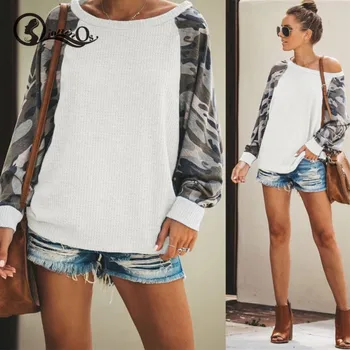 

2019 Women Tops Wild Casual Round Neck Loose Camouflage Printed Long-Sleeved Pullovers Tops