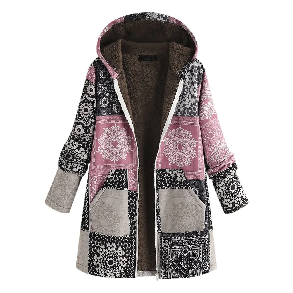Женская одежда JAYCOSIN, зимнее, осеннее пальто с капюшоном, женская мода, этнические, с принтом, на молнии, флисовые куртки, пальто, верхняя одежда для женщин 1016 - Цвет: Pink