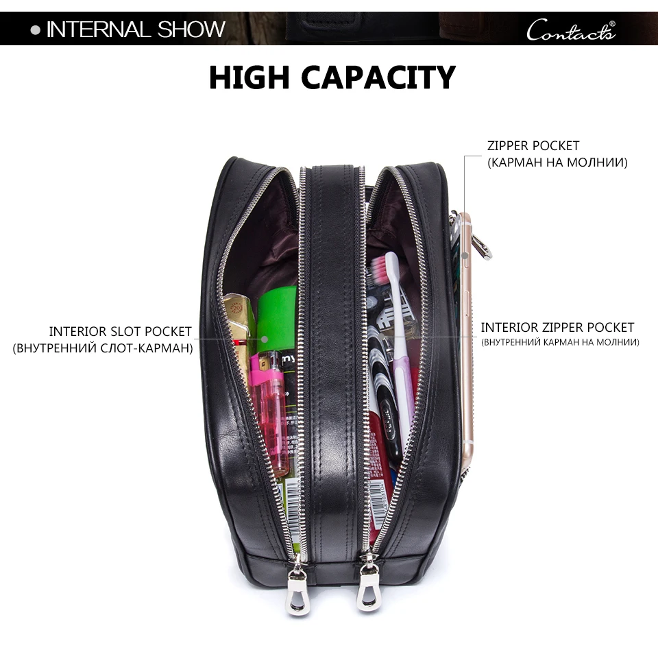 Contact's Genuine Leather Makeup Bag Men High Quality Men's Cosmetic Bags Man Travel Bags Black Wash Bag Luxury Double Zipper
