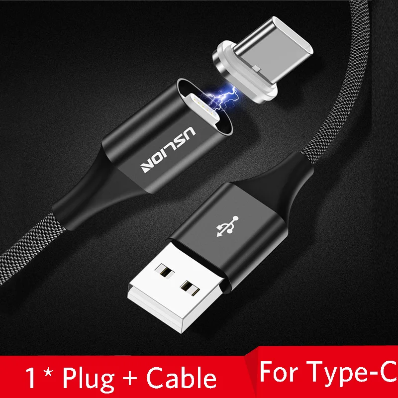 Магнитный кабель USLION, 3 А, кабель для быстрой зарядки usb type C и кабель Micro USB, магнитный кабель для зарядки и передачи данных, кабели для мобильных телефонов - Цвет: Black For Type C