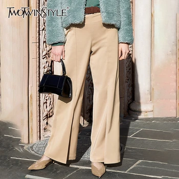 

TWOTWINSTYLE Vintage Patchwork Hit Color Women Wide Leg Pants High Waist With Sashes Pleated Split Loose Full Length Pant Female