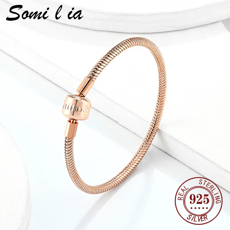 

Somi lia-100% Genuine 18k Rose gold Ladies Classic Bracelet, 3MM Snake Chain, Fit European Style Charm bead,Luxury Jewelry,