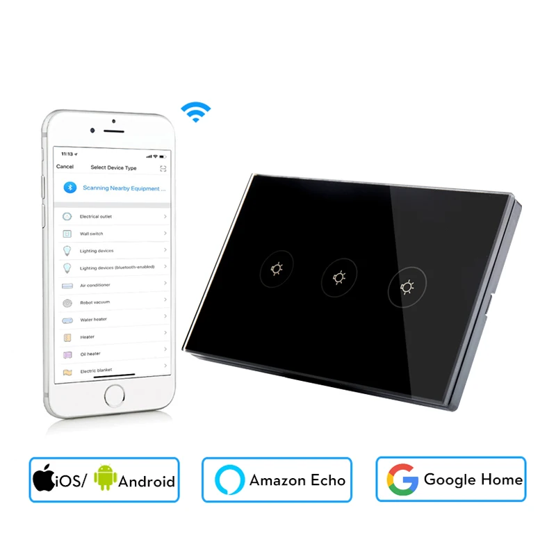 Wifi умный настенный сенсорный выключатель Smart Life/приложение Tuya пульт дистанционного управления без концентратора требуется работа с Amazon Alexa Google Home US EU UK - Цвет: US Type 3 Gang Black