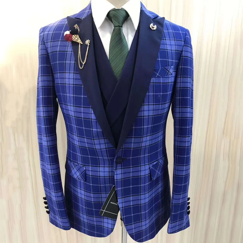 Плед мужской костюм комплект Slim Fit Для мужчин Блейзер Бизнес современные свадебные костюмы для мужчин, платье на выпускной, торжественное куртка, смокинг мужской костюм для выпускного вечера - Цвет: Синий