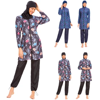 

3pcs Muslim Women Floral Swimwear + Hijab Swimsuit Full Cover Modest Burkini Beachwear Islamic Bathing Suit Arab Swim Sport Set