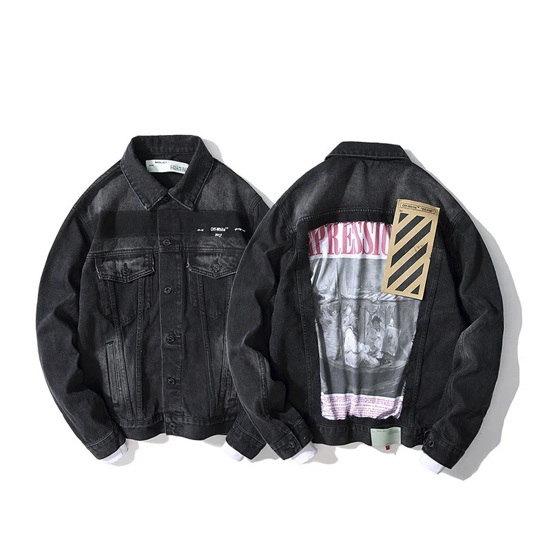 

High Version Europe And America Popular Brand Ow Autumn Fake Two-Piece Jeans Men And Women Couple Clothes Ship Painting Jacket