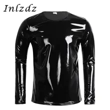 Мужская лакированная кожаная Футболка топ с длинными рукавами на молнии, футболка для ночного клуба, блестящий металлический пуловер в стиле хип-хоп, нижнее белье, футболка, топ