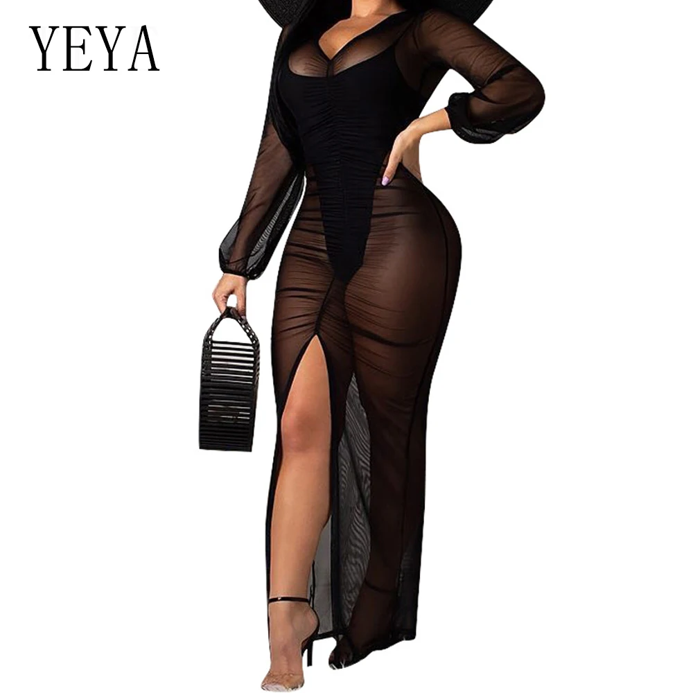 

YEYA Sexy Women Transparent Mesh Dress Autumn Fashion V Neck Long Sleeve Pleated Maxi Dress Clubwear Party Long Dresses Vestiods