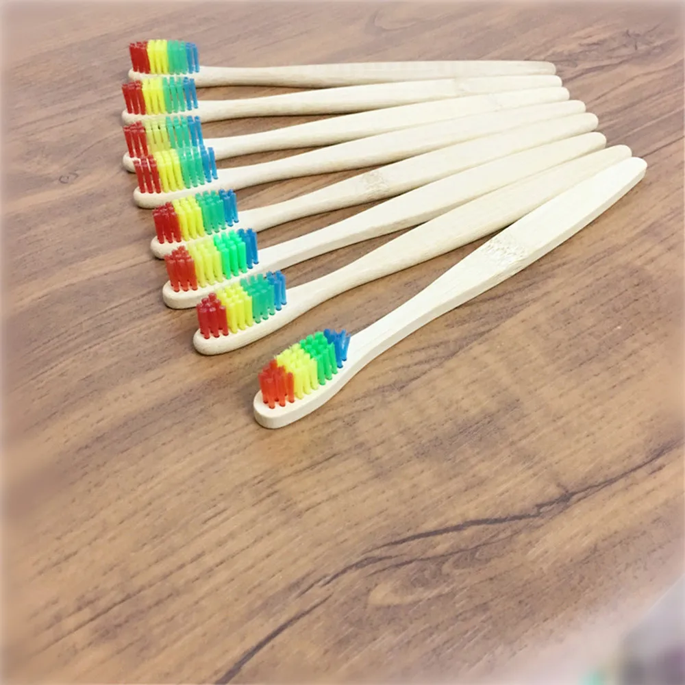

8pcs Environmental Bamboo Charcoal rainbow Toothbrush For Oral Health Low Carbon Soft Bristle Wood Handle Adult Toothbrush