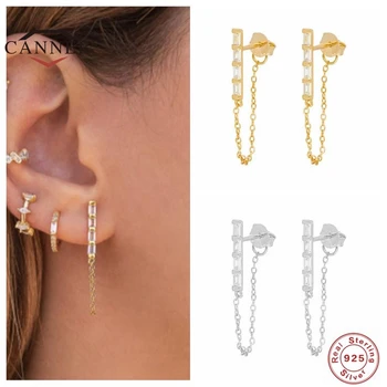

CANNER 925 Sterling Silver Stud Earrings For Women Square Zircon chain CZ Diamond Piercing Earring Earings Jewelry Pendientes