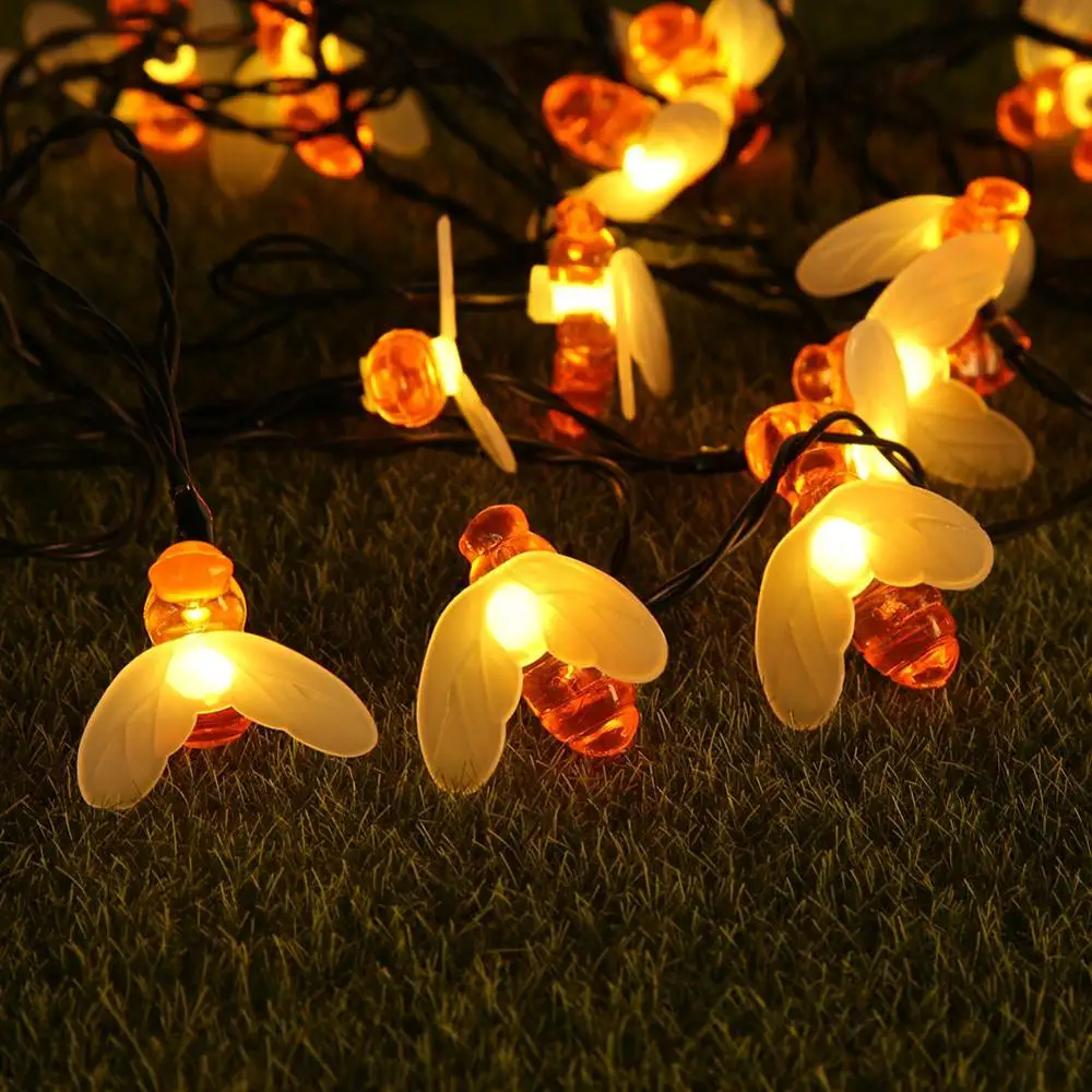 20 Вт, 30 Вт, 50LED пчелы Мёд Форма Солнечный свет открытый IP65 Водонепроницаемый Строка Фея лампы на солнечных батареях гирлянды на солнечной энергии для сада рождественские украшения
