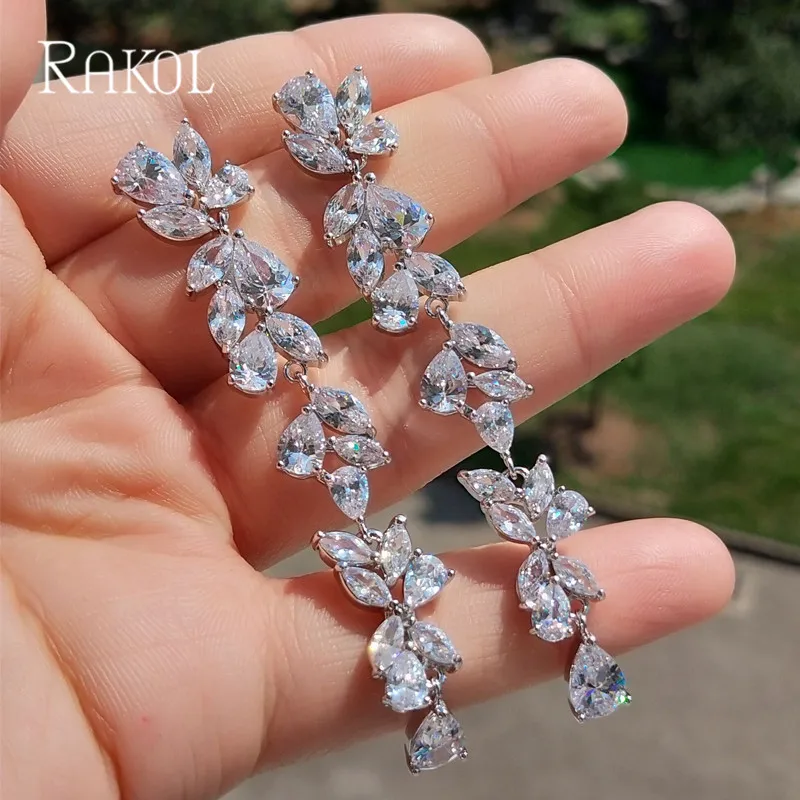 Женские свадебные серьги подвески с фианитом RAKOL длинные австрийским кристаллом