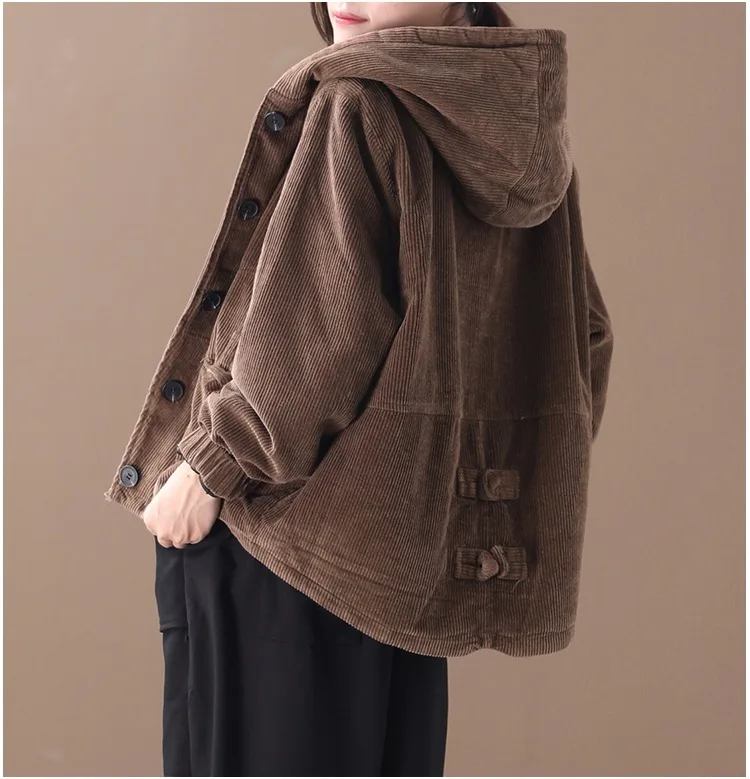 

Corduroy Women Jacket 2019 Autumn Winter Hooded Single Breasted Solid Color Pockets Loose Women Coat YoYiKamomo