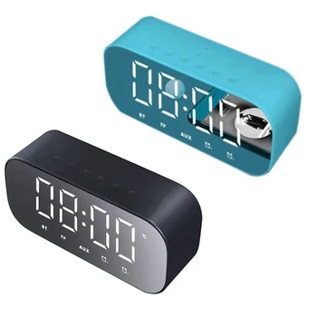 

2 Pcs Bluetooth Speaker With FM Radio LED Mirror Alarm Clock Subwoofer Music Player Snooze Desktop Clock, Blue & Black