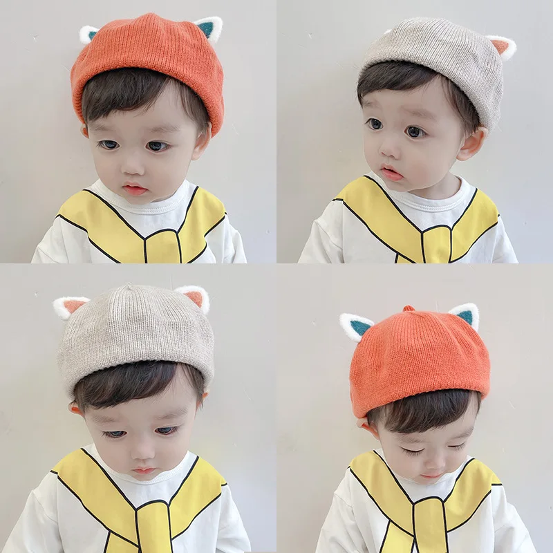 

Baby Knitted Hat Beret Two-Dimensional Cute Cartoon Plush Cat Ears Children's Woolen Hat for Newborn Baby Boy Girl Keep Warm