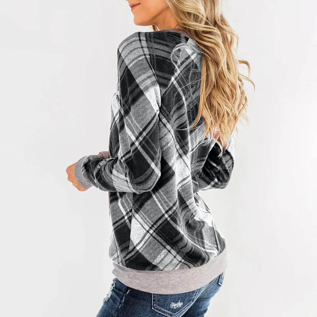 Streetwear T Shirt Women Long Sleeve Plaid Print O-neck Tshirt Femme Tops Spring Autumn Casual Womens Tee Shirts Fashion