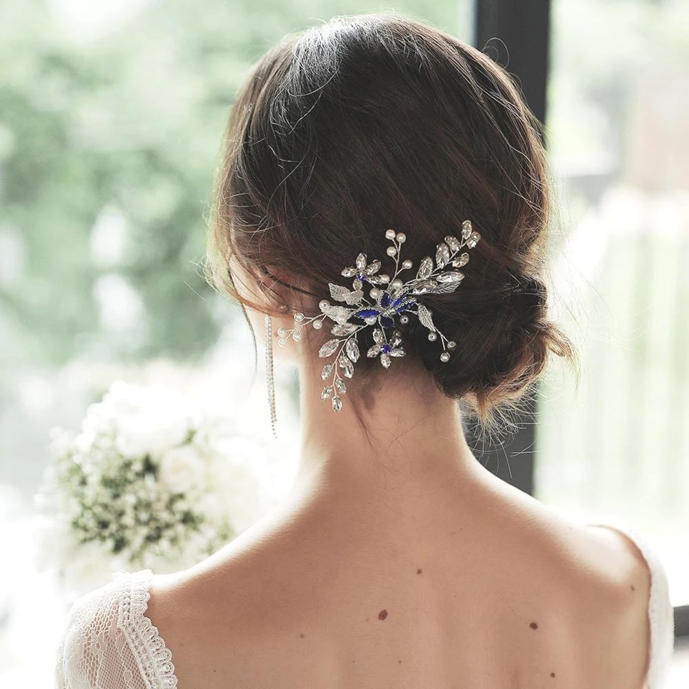 Peines de pelo de hoja de Color plateado/azul para mujer, hechos a mano, adorno para el nupcial, perla, decoración para la de boda, elegante|Pinzas para el cabello y
