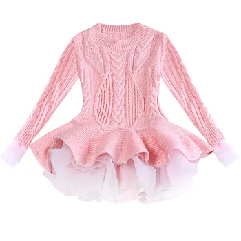 

Toddler Baby Kids Girls Solid Tulle Warm Sweater Knit Crochet Princess Dress Leisure Crew neck Child Girls dress