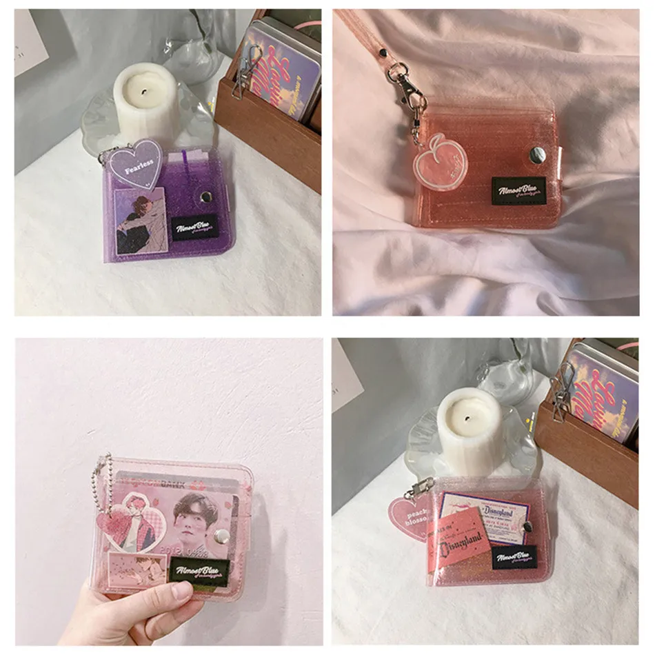 3 цвета прозрачный ID держатель для карт ПВХ складной короткий кошелек для женщин Мода девушка блеск визиток шнурок Чехол
