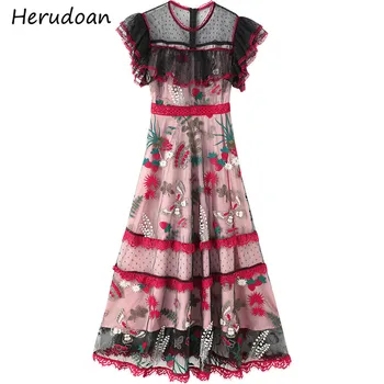 

Herudoan Fashion Runway Summer Midi Dress Women Short Sleeve Runway Embroidery Lace Female Mesh Big Swing A-Line Dress Vestidos
