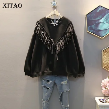 

XITAO Pleated Ruffle Sweatshirt Women Fashion New 2019 Autumn Pullover Small Fresh Casual Elegant Patchwork Sweatshirt XJ2271