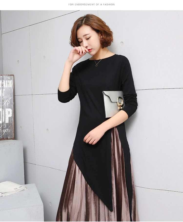 RopaSummer Round Collar Long Sleeve Grey Irregular Hem Individuality Top Vintage Tide Korean Women T-shirt LJ170