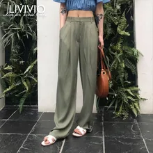 [LIVIVIO] уличная одежда с высокой талией, длинные палаццо, широкие брюки, женские черные свободные брюки, неоновые зеленые корейские летняя одежда