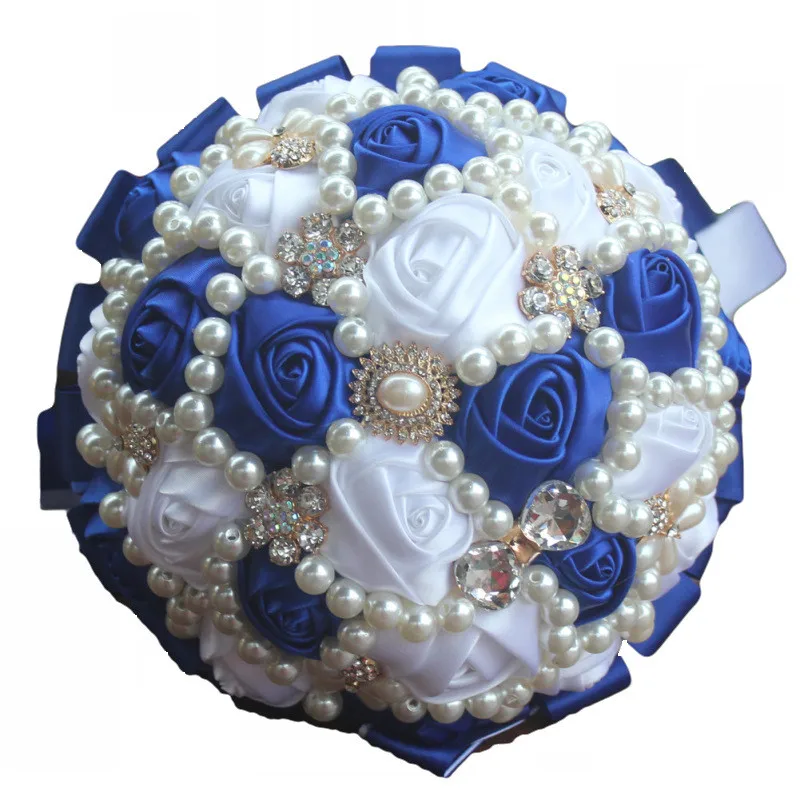 Шелк Холдинг Цветы Жемчуг Искусственные Свадебные букеты невесты цветок Свадебный букет цветов Стразы Buque De Noiva W226C - Цвет: royal blue white