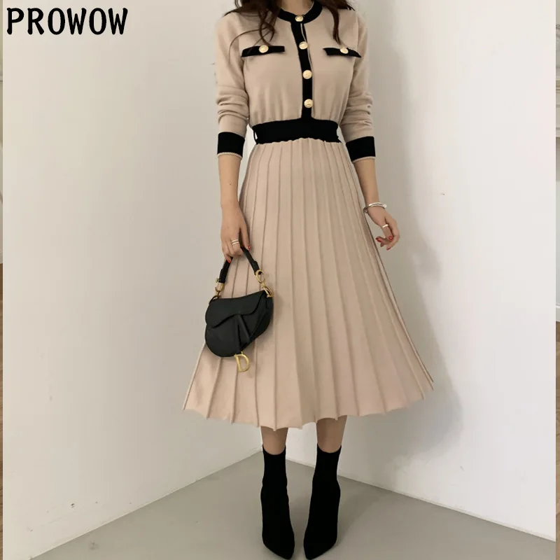 

One-Piece Woman Pleated Dress Korean Long Sleeve Knitted Sweater Dresses 2020 Women Spring Autumn Women Sweater Knitt Dress Lady