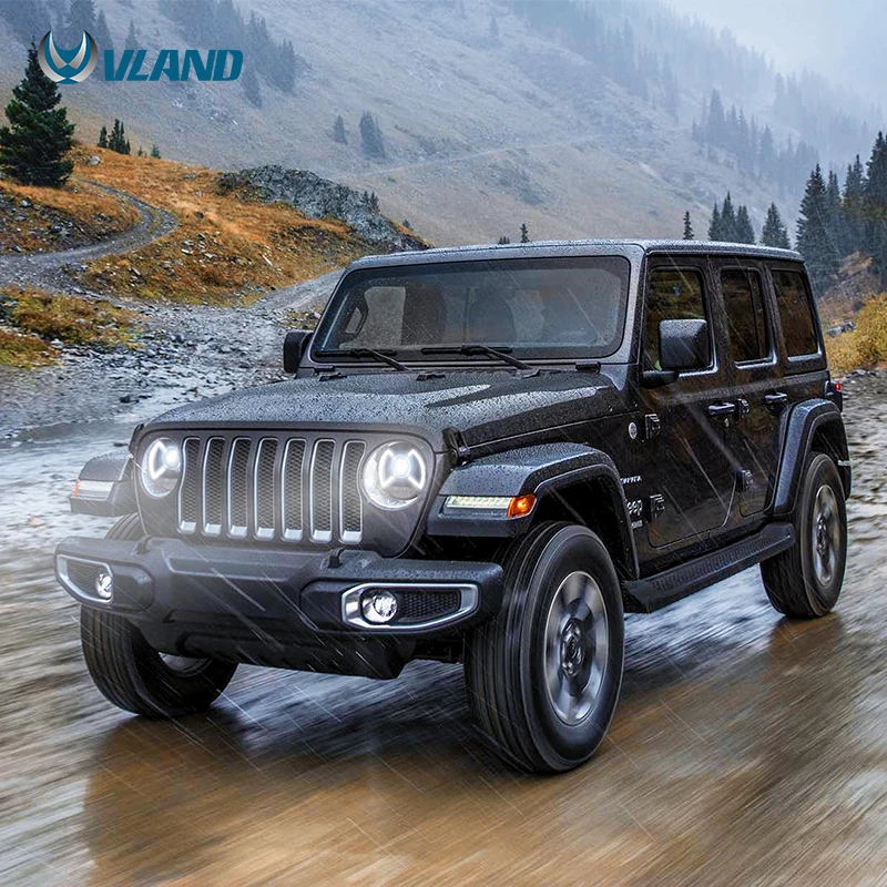 Автомобильные аксессуары от производителя Vland, Головной фонарь для Jeep Wrangler, светодиодный налобный светильник на градусов, полностью светодиодный, приветственный светильник синего цвета